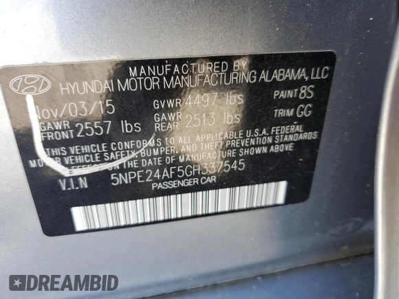 2016 Hyundai Sonata 2.4L with VIN 5NPE24AF5GH337545, listed as a Copart auction lot 49838145 with 200,260 mi miles and Salvage Title. Bid and sale history available at carsss.com. Image 12.