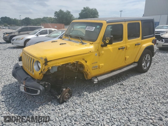 2019 Jeep Wrangler Unlimited Sahara with VIN 1C4HJXEN4KW593715, listed as a Copart auction lot 53883335 with 83,349 mi miles and Salvage Title. Bid and sale history available at DreamBid. Image 1.