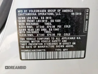 2019 Volkswagen Atlas SE z VIN 1V2WR2CA0KC596775, wystawiony jako Copart lot #56902495 z przebiegiem 57 040 mil mil oraz Szkoda całkowita • Salvage title. Historia ofert i sprzedaży dostępna na DreamBid. Obrazek 13.