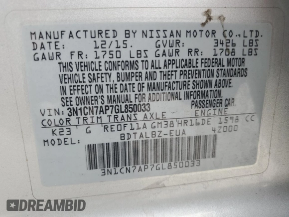 2016 Nissan Versa SV with VIN 3N1CN7AP7GL850033, listed as a Copart auction lot 52629465 with 103,707 mi miles and Salvage Title. Bid and sale history available at DreamBid. Image 12.