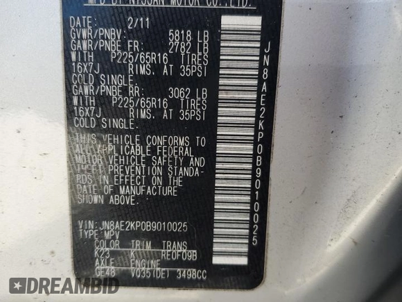 2011 Nissan Quest SL with VIN JN8AE2KP0B9010025, listed as a Copart auction lot 56332935 with 144,538 mi miles and Clean title. Bid and sale history available at DreamBid. Image 13.