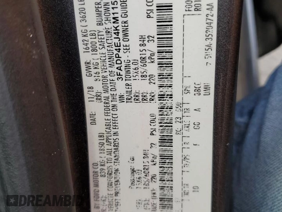 2019 Ford Fiesta SE z VIN 3FADP4EJ4KM115566, wystawiony jako Copart lot #55336615 z przebiegiem 202 912 mil mil oraz Szkoda całkowita • Salvage title. Historia ofert i sprzedaży dostępna na DreamBid. Obrazek 12.