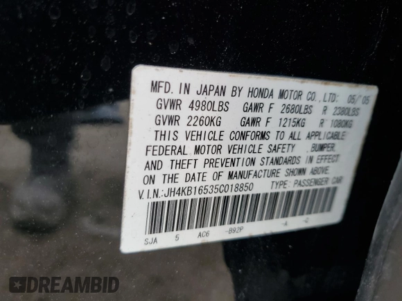 2005 Acura RL z VIN JH4KB16535C018850, wystawiony jako Copart lot #59306055 z przebiegiem 131 881 mil mil oraz Szkoda całkowita • Salvage title. Historia ofert i sprzedaży dostępna na DreamBid. Obrazek 13.