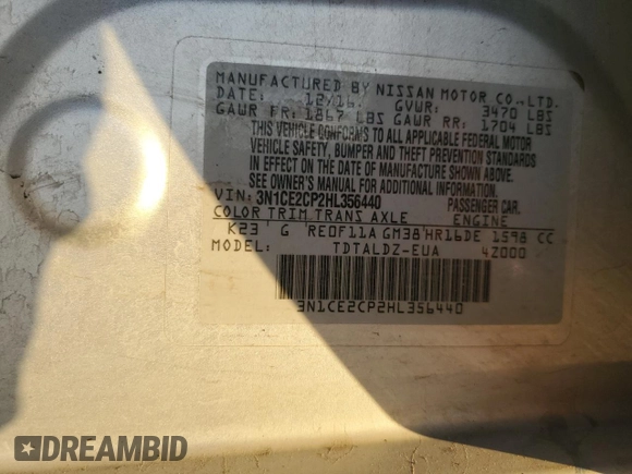 2017 Nissan Versa Note SR with VIN 3N1CE2CP2HL356440, listed as a Copart auction lot 83374694 with 0 mi miles and Salvage Title. Bid and sale history available at carsss.com. Image 12.