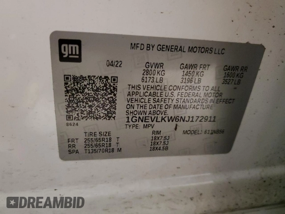 2022 Chevrolet Traverse LS with VIN 1GNEVLKW6NJ172911, listed as a Copart auction lot 41827235 with 36,577 mi miles and Salvage Title. Bid and sale history available at carsss.com. Image 14.