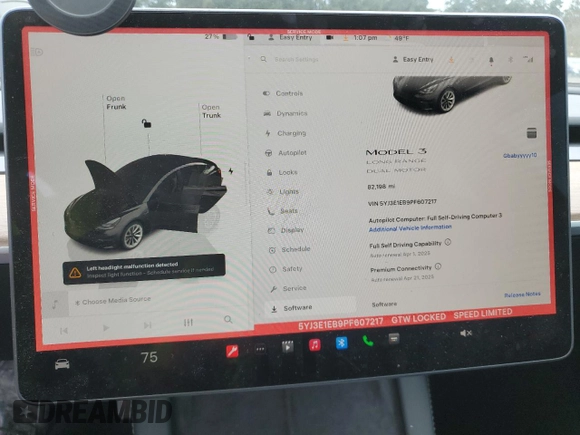 2023 Tesla Model 3 Long Range with VIN 5YJ3E1EB9PF607217, listed as a Copart auction lot 50103645 with 82,198 mi miles and Salvage Title. Bid and sale history available at DreamBid. Image 9.
