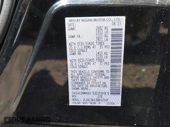 2014 Infiniti QX60 with VIN 5N1AL0MMXEC507093, listed as a IAAI auction lot 42182083 with 117,238 mi miles and . Bid and sale history available at DreamBid. Image 9.