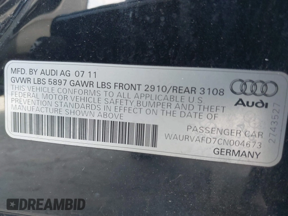 2012 Audi A8 L with VIN WAURVAFD7CN004673, listed as a IAAI auction lot 41768222 with 108,982 mi miles. Bid and sale history available at carsss.com. Image 9.