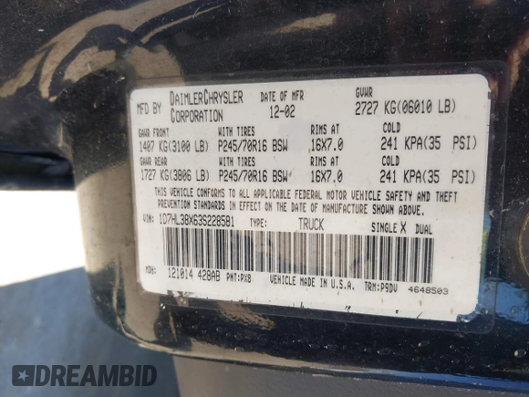 2003 Dodge Dakota Sport with VIN 1D7HL38X63S228581, listed as a IAAI auction lot 41835200 with 273,562 mi miles and . Bid and sale history available at DreamBid. Image 9.