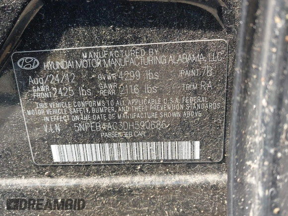 2013 Hyundai Sonata GLS z VIN 5NPEB4AC3DH590686, wystawiony jako IAAI lot #42361510 z przebiegiem 121 719 mil mil oraz . Historia ofert i sprzedaży dostępna na DreamBid. Obrazek 9.