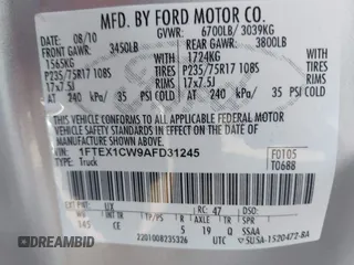 2010 Ford F-150 XL with VIN 1FTEX1CW9AFD31245, listed as a IAAI auction lot 42538912 with 250,921 mi miles and . Bid and sale history available at DreamBid. Image 9.
