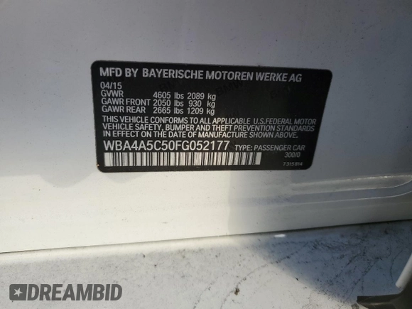 2015 BMW 4 Series 428i with VIN WBA4A5C50FG052177, listed as a Copart auction lot 86093994 with 127,956 mi miles and Salvage Title. Bid and sale history available at DreamBid. Image 12.
