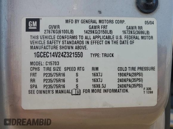 2004 Chevrolet Silverado 1500 LS with VIN 1GCEC14V24Z321550, listed as a Copart auction lot 75447474 with 165,225 mi miles and Salvage Title. Bid and sale history available at carsss.com. Image 15.
