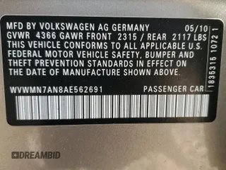 2010 Volkswagen CC Sport with VIN WVWMN7AN8AE562691, listed as a Copart auction lot 76957824 with 96,757 mi miles and Salvage Title. Bid and sale history available at DreamBid. Image 12.