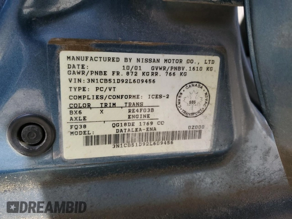 2002 Nissan Sentra GXE с VIN 3N1CB51D92L609456, выставлен на аукционе Copart как лот 54300985 с пробегом 155 819 миль миль и Списание • Salvage title. История ставок и продаж доступна на DreamBid. Изображение 12.