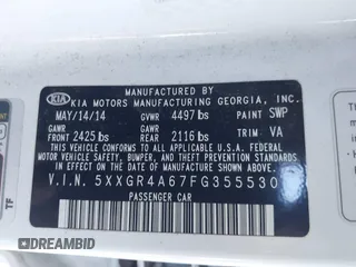 2015 Kia Optima SX Turbo with VIN 5XXGR4A67FG355530, listed as a IAAI auction lot 41442418 with 67,080 mi miles. Bid and sale history available at carsss.com. Image 9.