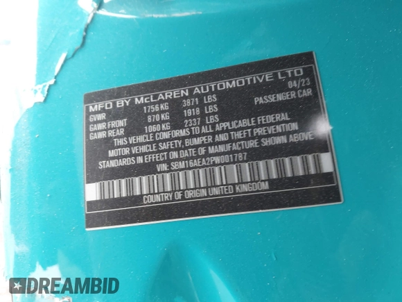2023 McLaren Artura z VIN SBM16AEA2PW001787, wystawiony jako IAAI lot #41842771 z przebiegiem 2352 mil mil oraz . Historia ofert i sprzedaży dostępna na DreamBid. Obrazek 9.