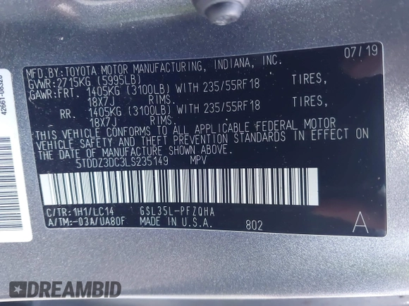 2020 Toyota Sienna XLE with VIN 5TDDZ3DC3LS235149, listed as a IAAI auction lot 42621780 with 92,331 mi miles and . Bid and sale history available at DreamBid. Image 9.