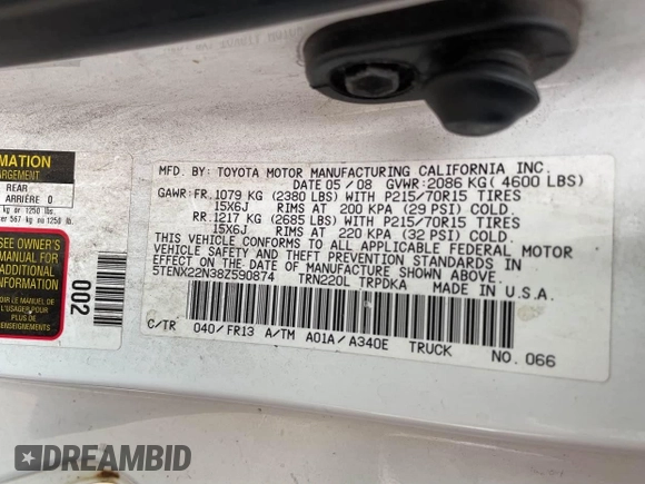 2008 Toyota Tacoma with VIN 5TENX22N38Z590874, listed as a IAAI auction lot 41853807 with 1 mi miles. Bid and sale history available at carsss.com. Image 9.