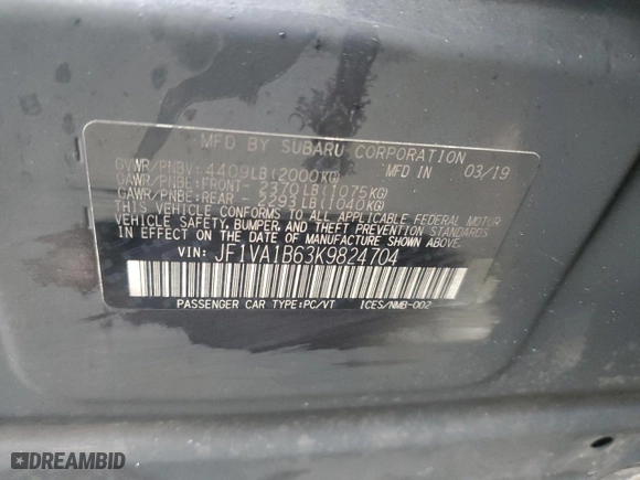 2019 Subaru WRX Premium with VIN JF1VA1B63K9824704, listed as a Copart auction lot 44190285 with 0 mi miles and Salvage Title. Bid and sale history available at carsss.com. Image 12.
