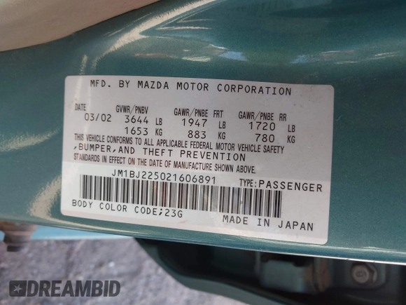 2002 Mazda Protege DX z VIN JM1BJ225021606891, wystawiony jako IAAI lot #42011997 z przebiegiem 134 758 mil mil oraz . Historia ofert i sprzedaży dostępna na DreamBid. Obrazek 9.