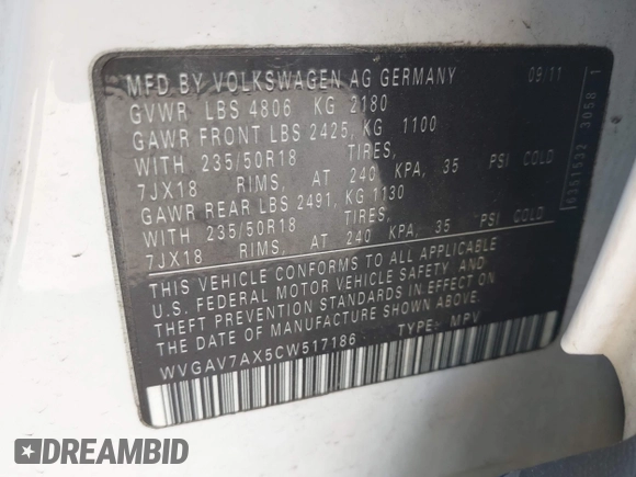 2012 Volkswagen Tiguan SEL with VIN WVGAV7AX5CW517186, listed as a IAAI auction lot 42177269 with 142,285 mi miles and . Bid and sale history available at DreamBid. Image 9.