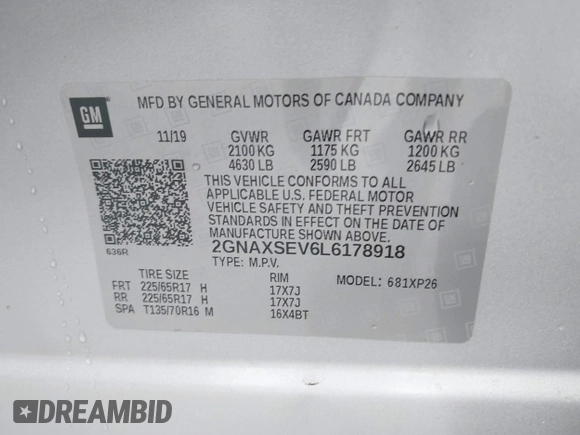 2020 Chevrolet Equinox LS z VIN 2GNAXSEV6L6178918, wystawiony jako IAAI lot #42312314 z przebiegiem 38 352 mil mil oraz . Historia ofert i sprzedaży dostępna na DreamBid. Obrazek 9.