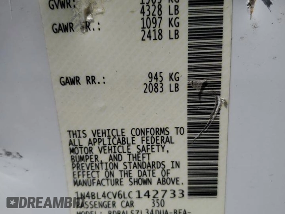 2020 Nissan Altima 2.5 SR with VIN 1N4BL4CV6LC142733, listed as a Copart auction lot 48679675 with 0 mi miles and Salvage Title. Bid and sale history available at carsss.com. Image 12.