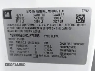 2012 Chevrolet Traverse LS z VIN 1GNKREED8CJ373705, wystawiony jako IAAI lot #41172553 z przebiegiem 101 410 mil mil oraz . Historia ofert i sprzedaży dostępna na DreamBid. Obrazek 9.