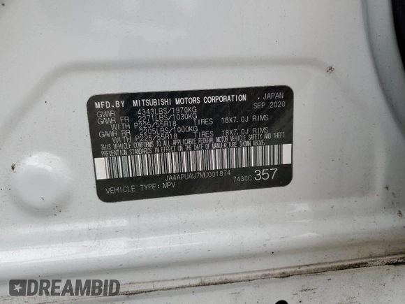 2021 Mitsubishi Outlander ES z VIN JA4APUAU7MU001874, wystawiony jako Copart lot #55825345 z przebiegiem 99 555 mil mil oraz Szkoda całkowita • Salvage title. Historia ofert i sprzedaży dostępna na DreamBid. Obrazek 14.