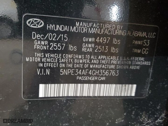 2016 Hyundai Sonata 2.4L Sport with VIN 5NPE34AF4GH356763, listed as a Copart auction lot 46687615 with 55,702 mi miles and Salvage Title. Bid and sale history available at carsss.com. Image 12.