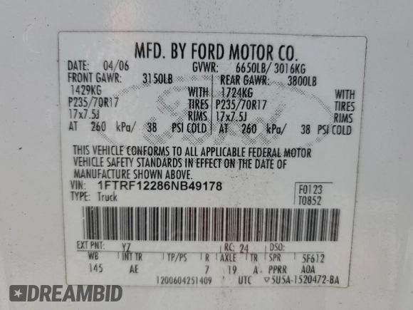 2006 Ford F-150 XL with VIN 1FTRF12286NB49178, listed as a Copart auction lot 60058225 with Not provided miles and Clean title. Bid and sale history available at DreamBid. Image 12.