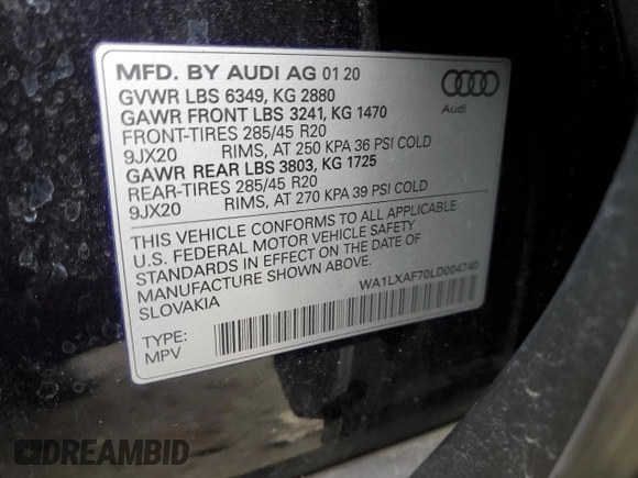 2020 Audi Q7 Premium Plus with VIN WA1LXAF70LD004740, listed as a Copart auction lot 87315404 with 55,158 mi miles and Salvage Title. Bid and sale history available at carsss.com. Image 13.