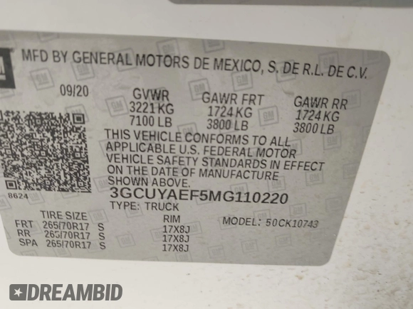 2021 Chevrolet Silverado 1500 Work Truck with VIN 3GCUYAEF5MG110220, listed as a IAAI auction lot 42079997 with 138,544 mi miles and . Bid and sale history available at DreamBid. Image 9.