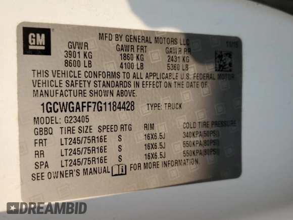 2016 Chevrolet Express Cargo with VIN 1GCWGAFF7G1184428, listed as a Copart auction lot 60293315 with 353,374 mi miles and Salvage title. Bid and sale history available at DreamBid. Image 14.