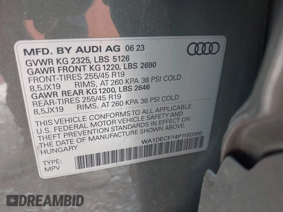 2023 Audi Q3 S line Premium with VIN WA1DECF34P1150360, listed as a IAAI auction lot 42694889 with 19,489 mi miles and . Bid and sale history available at DreamBid. Image 9.