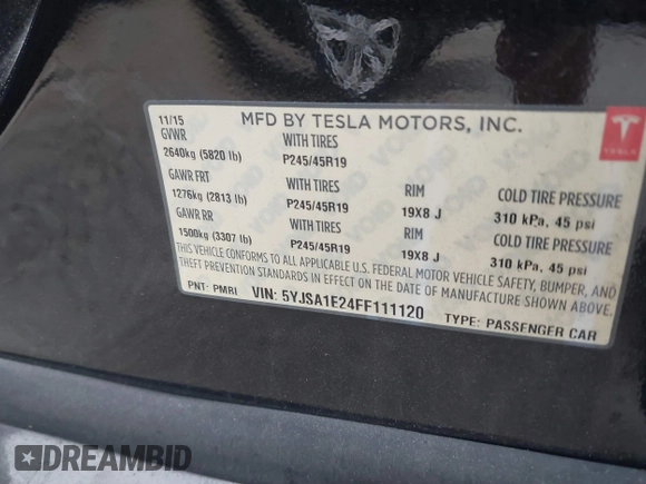 2015 Tesla Model S 85D with VIN 5YJSA1E24FF111120, listed as a IAAI auction lot 41471698 with 58,126 mi miles. Bid and sale history available at carsss.com. Image 9.