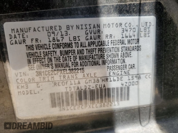 2014 Nissan Note S with VIN 3N1CE2CPXEL382215, listed as a Copart auction lot 55698315 with 156,688 mi miles and Clean Title. Bid and sale history available at DreamBid. Image 12.
