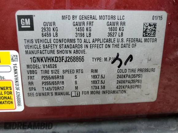 2015 Chevrolet Traverse LT z VIN 1GNKVHKD3FJ268866, wystawiony jako Copart lot #47085565 z przebiegiem 129 477 mil mil oraz Szkoda całkowita • Salvage title. Historia ofert i sprzedaży dostępna na DreamBid. Obrazek 14.