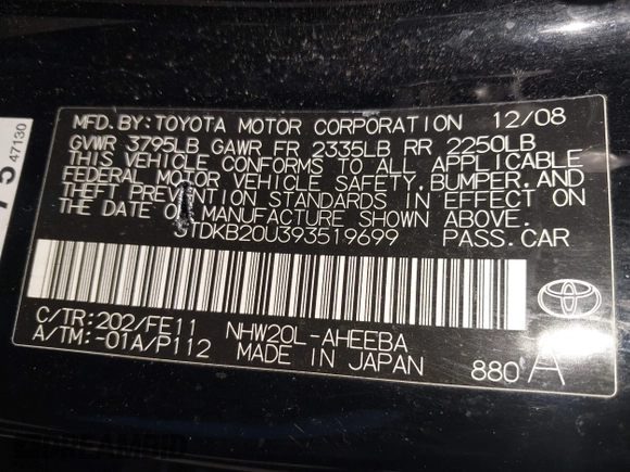 2009 Toyota Prius with VIN JTDKB20U393519699, listed as a IAAI auction lot 42047030 with 278,372 mi miles. Bid and sale history available at carsss.com. Image 9.