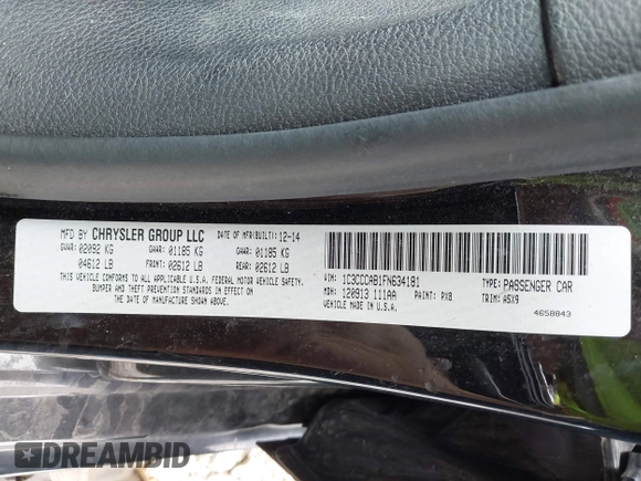 2015 Chrysler 200 Limited with VIN 1C3CCCAB1FN634181, listed as a IAAI auction lot 42175926 with 84,378 mi miles and . Bid and sale history available at DreamBid. Image 9.