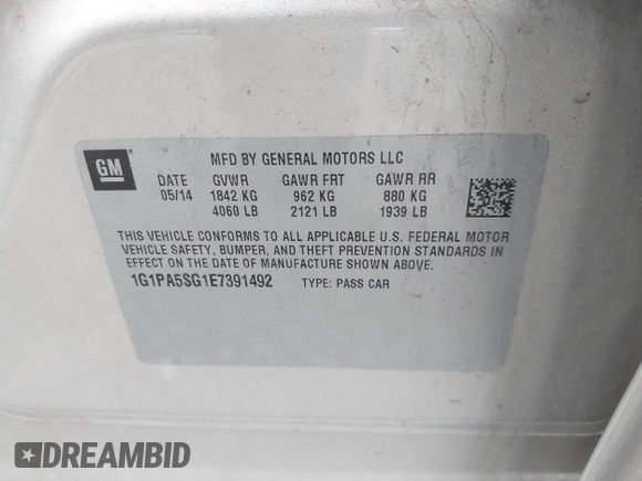 2014 Chevrolet Cruze LS with VIN 1G1PA5SG1E7391492, listed as a IAAI auction lot 41951818 with 103,285 mi miles and . Bid and sale history available at DreamBid. Image 9.