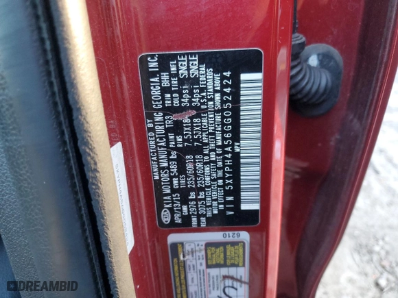 2016 Kia Sorento EX with VIN 5XYPH4A56GG052424, listed as a Copart auction lot 87859875 with 127,190 mi miles and Salvage Title. Bid and sale history available at carsss.com. Image 14.