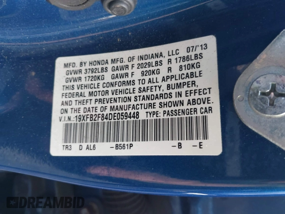 2013 Honda Civic EX with VIN 19XFB2F84DE059448, listed as a IAAI auction lot 42163502 with 113,049 mi miles and . Bid and sale history available at DreamBid. Image 9.