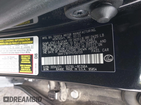 2023 Lexus ES 350 Ultra Luxury with VIN 58AFZ1B17PU150139, listed as a IAAI auction lot 42091947 with 35,216 mi miles and . Bid and sale history available at DreamBid. Image 9.