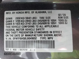 2020 Honda Pilot EX-L z VIN 5FNYF6H58LB049652, wystawiony jako IAAI lot #42213555 z przebiegiem 84 846 mil mil oraz . Historia ofert i sprzedaży dostępna na DreamBid. Obrazek 9.