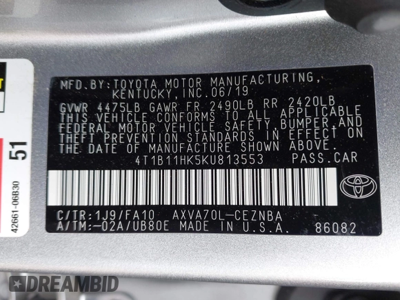 2019 Toyota Camry LE z VIN 4T1B11HK5KU813553, wystawiony jako IAAI lot #42282507 z przebiegiem 22 100 mil mil oraz . Historia ofert i sprzedaży dostępna na DreamBid. Obrazek 9.