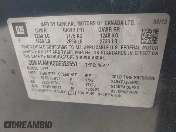 2013 GMC Terrain SLE with VIN 2GKALMEK5D6329551, listed as a IAAI auction lot 42406472 with 110,385 mi miles and . Bid and sale history available at DreamBid. Image 9.