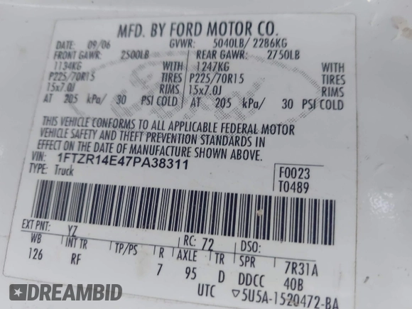 2007 Ford Ranger with VIN 1FTZR14E47PA38311, listed as a IAAI auction lot 41736053 with 108,423 mi miles and . Bid and sale history available at DreamBid. Image 9.