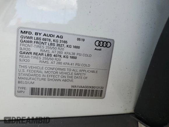 2019 Audi e-tron Prestige with VIN WA1VAAGE0KB013133, listed as a Copart auction lot 57060255 with 50,222 mi miles and Salvage title. Bid and sale history available at DreamBid. Image 12.